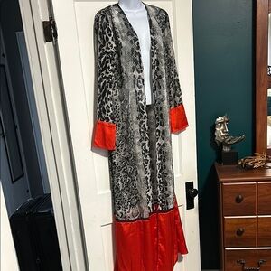 Akira Elegant Animal Print Robe cover up or kimono with Red Accents